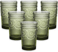 Vintage Glassware Drinking Glasses Set of 6,13 oz Green Textured Flower Design Glass Water Tumblers，Embossed Striped Drinkware for Water,Cocktails,Juice,Iced Coffee
