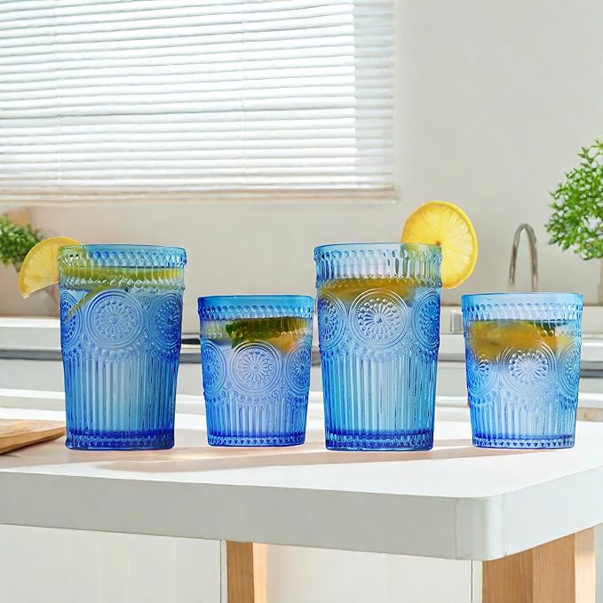 12pcs Vintage Drinking Glasses Set, 12 oz Highball Glasses & 9 oz Embossed Ribbed Glassware Cups for Cocktail, Water, Juice, Coffee, Whiskey (Blue)