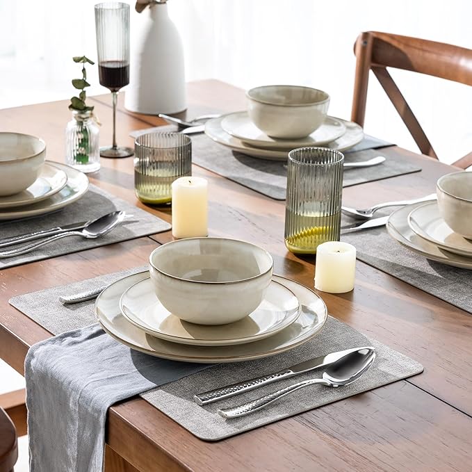 AmorArc Stoneware Dinnerware Sets for 6, 18 Pieces Handpainted Ceramic Plates and Bowls Set, Scratch Resistant Dishes Set, Dishwasher & Microwave Safe, Cappuccino