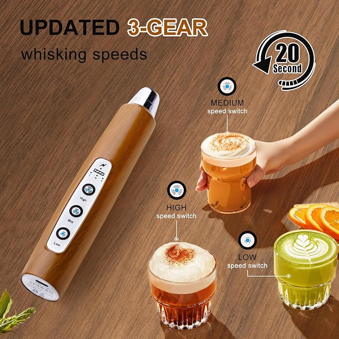 YUSWKO Wood Grain Handheld Milk Frother Wand for Coffee, Rechargeable Electric Whisk with 3 Heads 3 Speeds Drink Mixer Coffee Frother For Latte, Cappuccino, Hot Chocolate, Egg