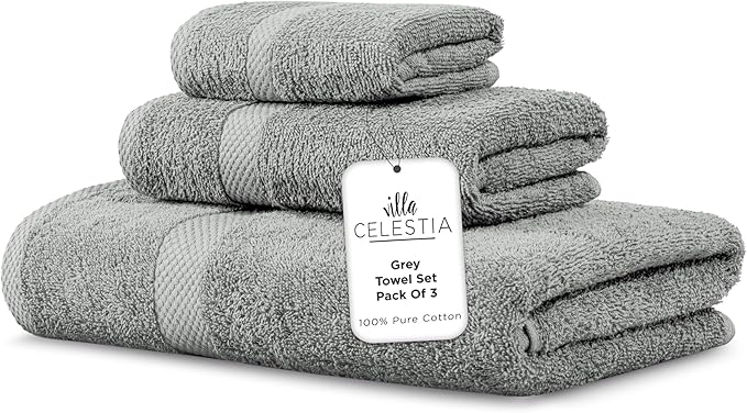 100% Combed Cotton Bathroom Towel Set of 3- 1 Bath Towel, 1 Hand Towel, 1 Wash Cloth, Sustainable, Soft, Highly Absorbent 3 Piece Cotton Bath Towel Set Ideal for Hotels, Spa, Bathroom, Dorm, Grey