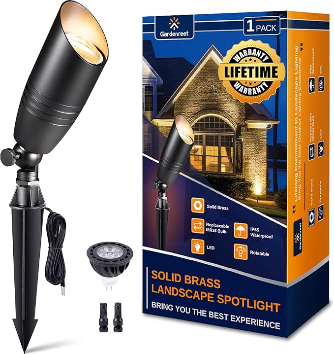 Landscape Spotlights Low Voltage - Brass 12V Outdoor Uplight LED, Wired Spot Lights IP65 Waterproof, Black for Exterior Garden Yard Tree House with 5W 2700K Warm White MR16 Bulb