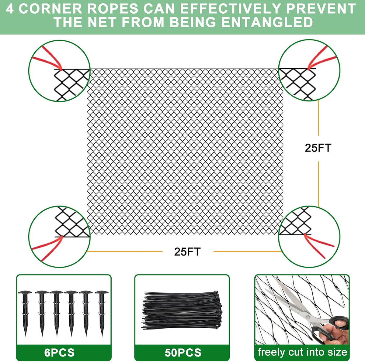 25'x25' Bird Netting for Chicken Coop, Nylon 3/4" Mesh Poultry Netting Chicken Net Roof Hawk, Aviary Net Deer Fence Pests Trellis Garden Nettings for Fruits Trees Plant