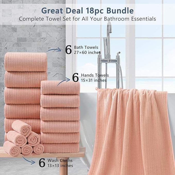 18 Piece Bath Towels Set,Super Soft Family Bathroom Towel Set with Hanging Loops-6 Bath Towels,6 Hand Towels,6 Washcloths,Highly Absorbent Quick Dry Shower Towel for Bathroom,Hotel,Spa-Blush Towel Set