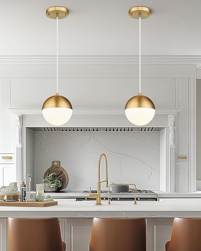 LMS Mid Century Pendant Lights, Brushed Gold Kitchen Island Light Fixtures with White Globe Glass Shade, Adjustable Hanging Cord, 2-Pack for Home Office Dining Room Bathroom, LMS-186PL-BGWS2PK