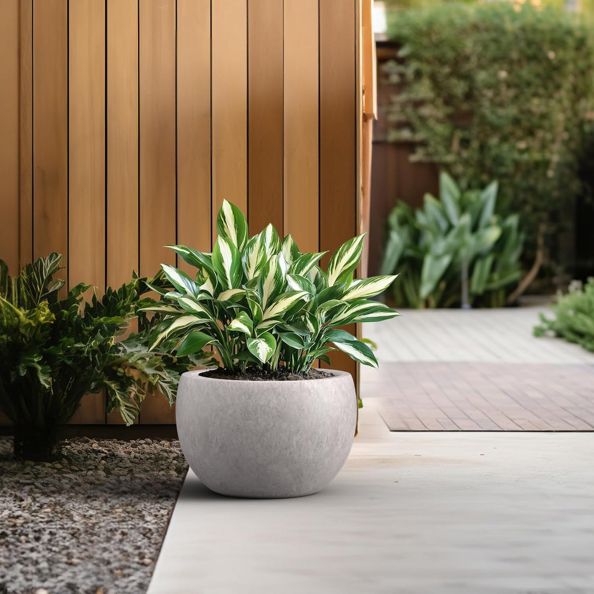 Kante 15.7" Dia Round Concrete Planter, Outdoor/Indoor Large Bowl Plant Pots with Drainage Hole and Rubber Plug for Garden Patio Balcony Home, Light Gray
