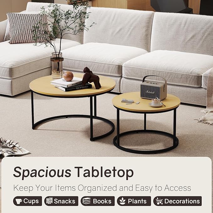 Nesting Tables Set of 2, 31.5" Round Coffee Table, Small Nesting Coffee Table with Adjustable Non-Slip Fee, Wood Grain Top Nesting Tables for Living Room, Bedroom (Wood Grain Light Brown)