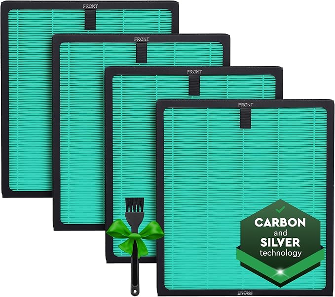 4 Pack Air Purifier Replacement Filter HY4866 Compatible with MORENTO, WESTHEY HY4866, YIOU M1 - True HEPA Filter, 4 Stage Filtration, Original Carbon & Silver Technology - Green