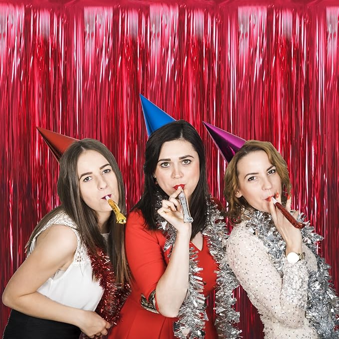 GOER 6.4 ft x 9.8 ft Metallic Tinsel Foil Fringe Curtains,Pack of 2 Party Streamer Backdrop for Birthday,Graduation Decorations and New Year Eve (Burgundy)