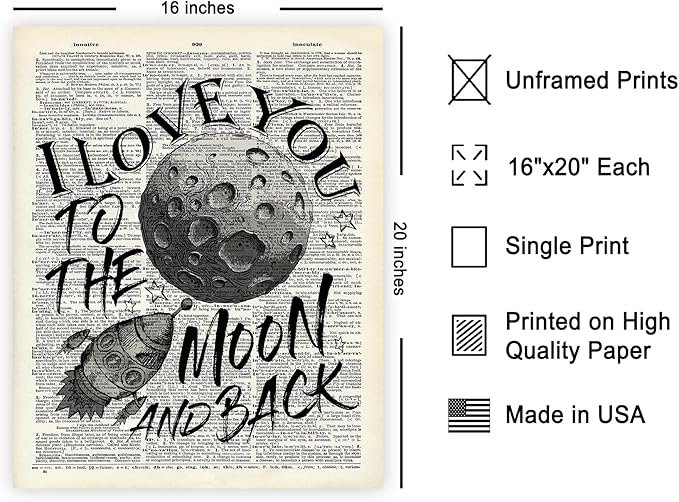 Poster Master Dictionary Art Poster - I Love You To The Moon and Back Print - Motivational Art - Gift for Him, Her & Lovers - Romantic Decor for Dorm, Bedroom or Living Room - 16x20 UNFRAMED Wall Art