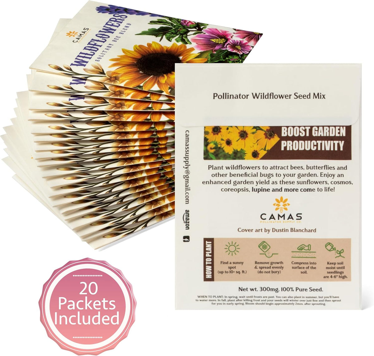 Camas- Pollinator Wildflower Seed Packets - (20) Party Favors to Attract Bees, Butterflies, and Hummingbirds to Your Plant and Flower Garden-Annual Wildflower Mix