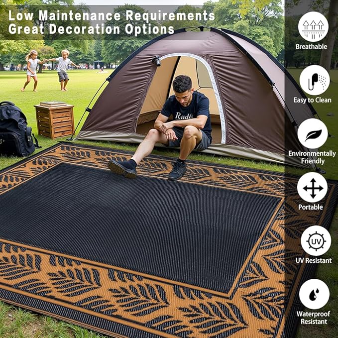 8x10 Patio Waterproof Outdoor Rug Outrside Camping Carpet RV Area Rug Reversible Brown Rugs for Deck Entryance Porch Picnic Balcony Beach
