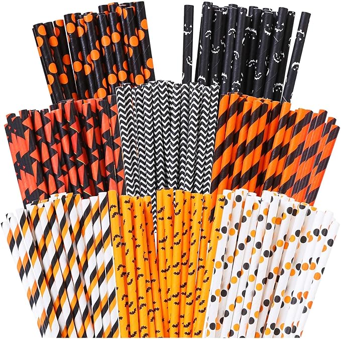 Cooraby 200 Pieces Halloween Paper Straws Pumpkin Bat Spider Web Pattern Straws Black Orange Biodegradable Paper Drinking Straws for Halloween Party Favors, 8 Styles