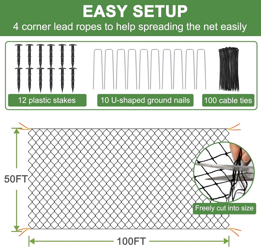 Bird Netting - 50’ x 100’ Garden Net with 1” Square Mesh Protect Fruit Trees from Poultry and Deer, Heavy Duty Garden Netting as Fruit Net, Aviary Netting for Farm, Orchard