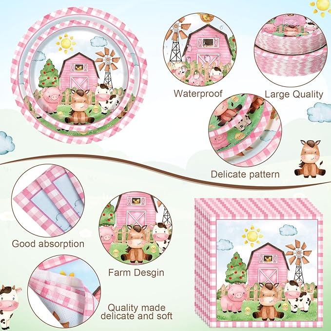 452 Pcs Pink Farm Animal Birthday Decorations for 50, Barnyard Animal Paper Plates Napkins Cups Tablecloth Cutlery Straws Barn Farm Tableware Set for Birthday Baby Shower Party Supplies