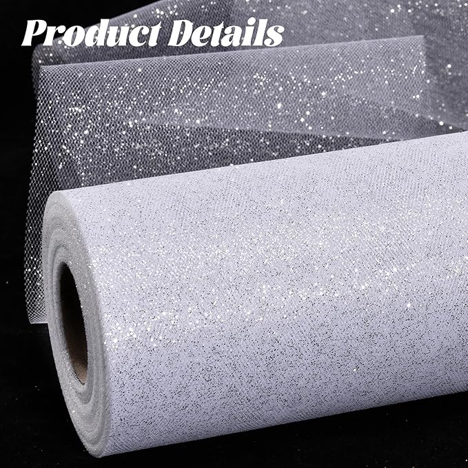 Glitter Tulle Rolls 6” by 50 Yards Sparkle Tulle Fabric Ribbon Sequin Tulle Netting Rolls for DIY Tutu Skirt Wedding Birthday Party Decoration (White/Color)