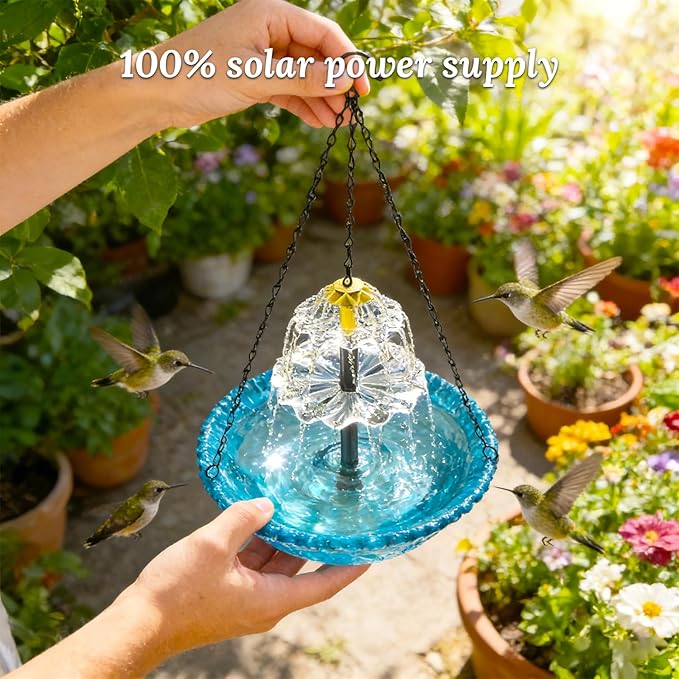 Hanging Solar Bird Bath Fountain - 3 Layers Outdoor Hanging Bird Bath with Solar Fountain, Hanging Bird Bath with Flowing Water for Outdoors Patio Backyard Lawn Garden Decor (Blue)