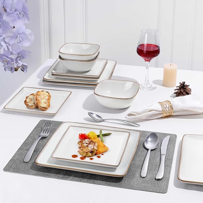 Herogo 12 Pieces Square Stoneware Dinnerware Dishes Set for 4, Handmade Dining Plates and Bowls Sets, Double Reactive Glaze, Microwave & Dishwasher Safe, Scratch Resistant, Ivory White