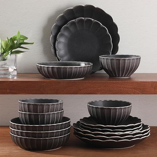 Gibson Elite Malibu Shore 16 Piece Scallop Stoneware Reactive Glaze (Service for 4) Ceramic Plates and Bowls Dinnerware Set - Black