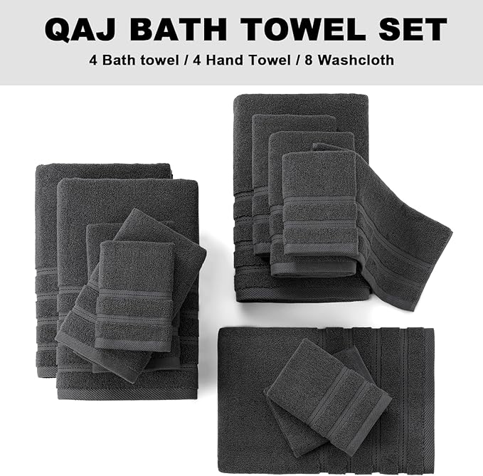 16-Piece Bath Towels Set, 100% Cotton Thick Soft Highly Absorbent Durable, Quick Dry, Bathroom Towels Set (4 Bath Towels, 4 Hand Towels, 8 Washcloths) - Perfect for Daily Use
