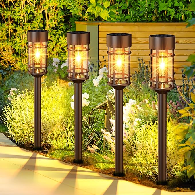 Solar Pathway Lights Outdoor Solar Lights 8 Pack Metal & Glass Design - Waterproof Auto On/Off Bright Long-Lasting Garden Landscape Lighting Walkway Driveway