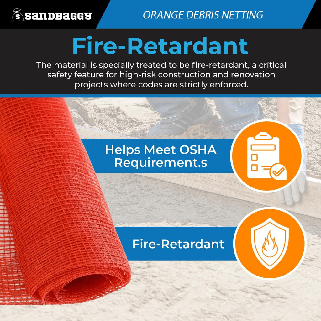 Sandbaggy Fire Resistant Debris & Safety Netting | Orange Construction HDPE Mesh (4, 4 ft x 150 ft)