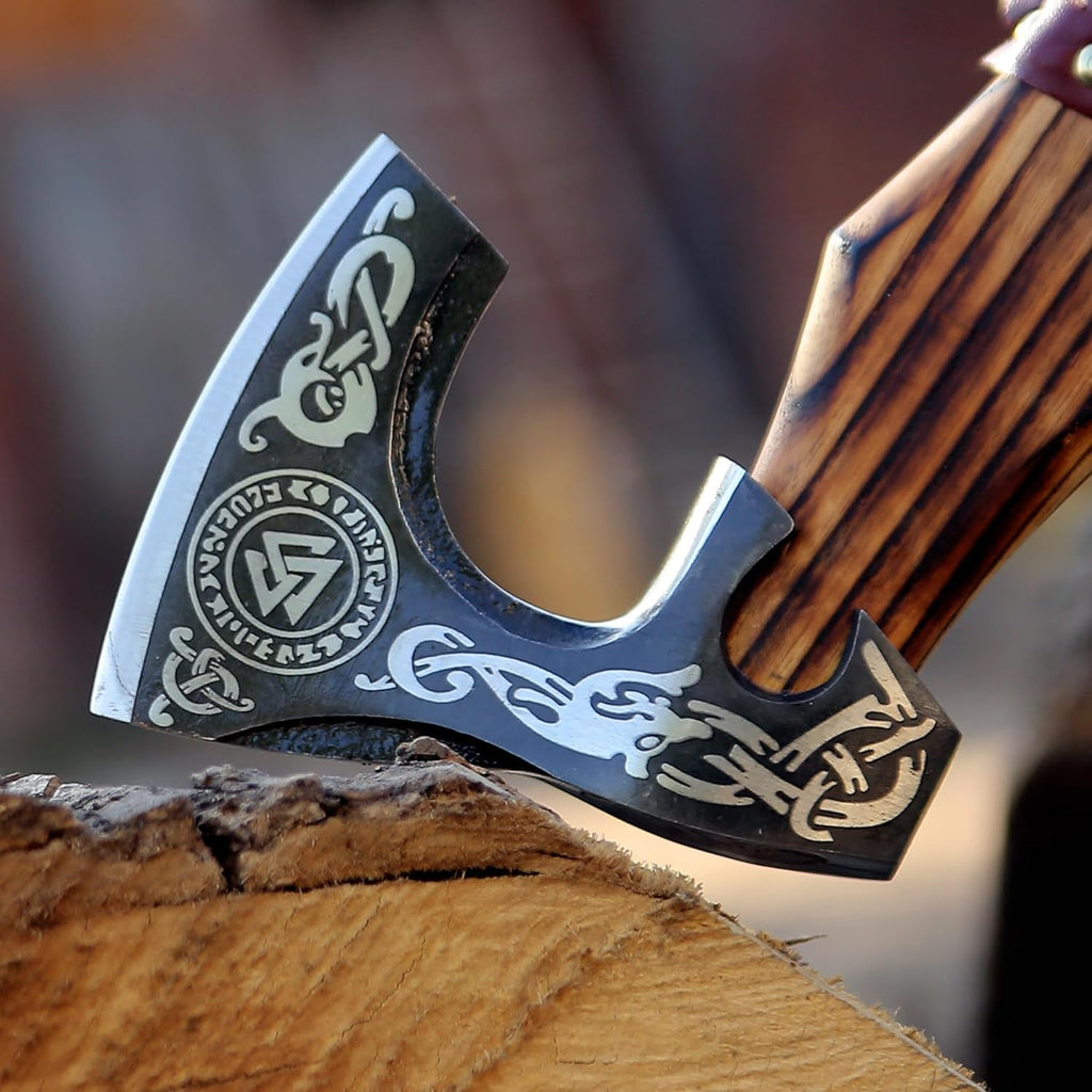 SHINY CRAFTS® Handcrafted Decorative Viking Axe with Leather-Wrapped Handle & Sheath – Engraved Blade – Ceremonial Collectible Gift for Men, Warriors, History Buffs, Cosplay & Display (VBA-07)
