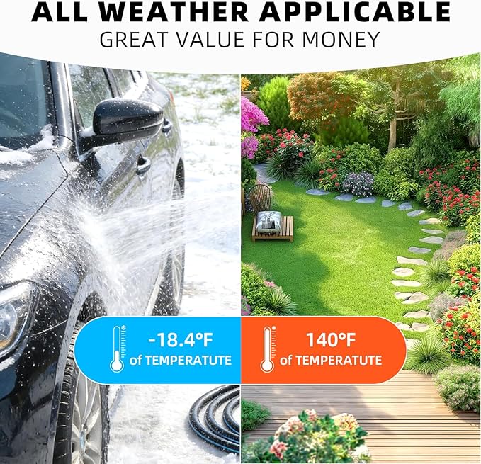 25FT Garden Hose with 10 Function Sprayer: Water Hose Lightweight Durable All-Weather - Flexible Kink-Free Hose 5/8" - Pressure Washer Hose for Garden, Car Washing, and Outdoor Cleaning
