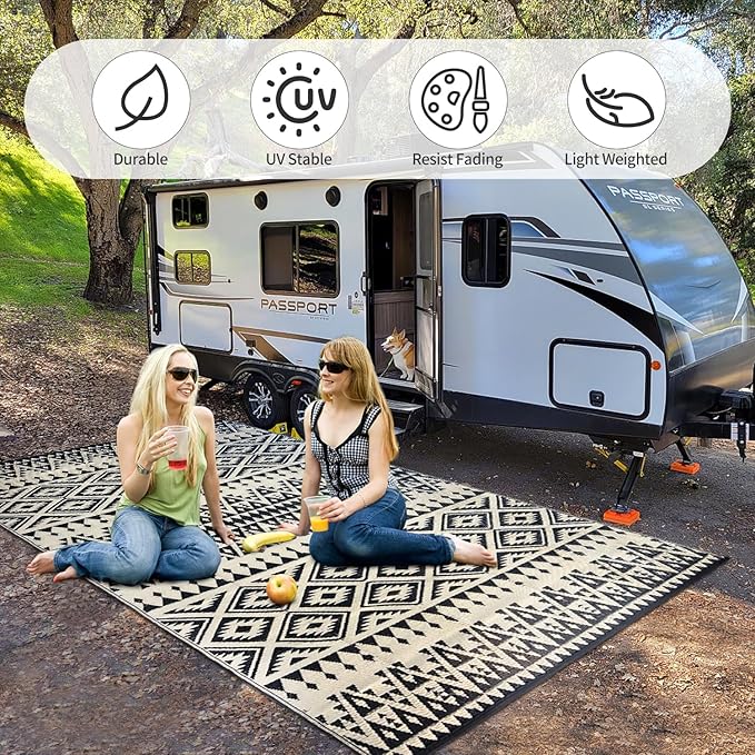 Waterproof Outdoor Rug 6x9ft, Bohemia Reversible Plastic Straw Mat for Patio RV Deck Porch Backyard Balcony Camping Picnic Beach Indoor Outdoor Carpet, Black&Beige