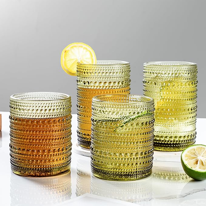 Set of 8 Hobnail Drinking Glasses Vintage Green Glassware - 4 Highball Glasses 14 oz, 4 Rocks Glass Cup 11 oz, Embossed Old Fashioned Glassware for Water, Wine, Beer, Juice, Mixed Drinkware