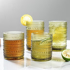 Set of 8 Hobnail Drinking Glasses Vintage Green Glassware - 4 Highball Glasses 14 oz, 4 Rocks Glass Cup 11 oz, Embossed Old Fashioned Glassware for Water, Wine, Beer, Juice, Mixed Drinkware