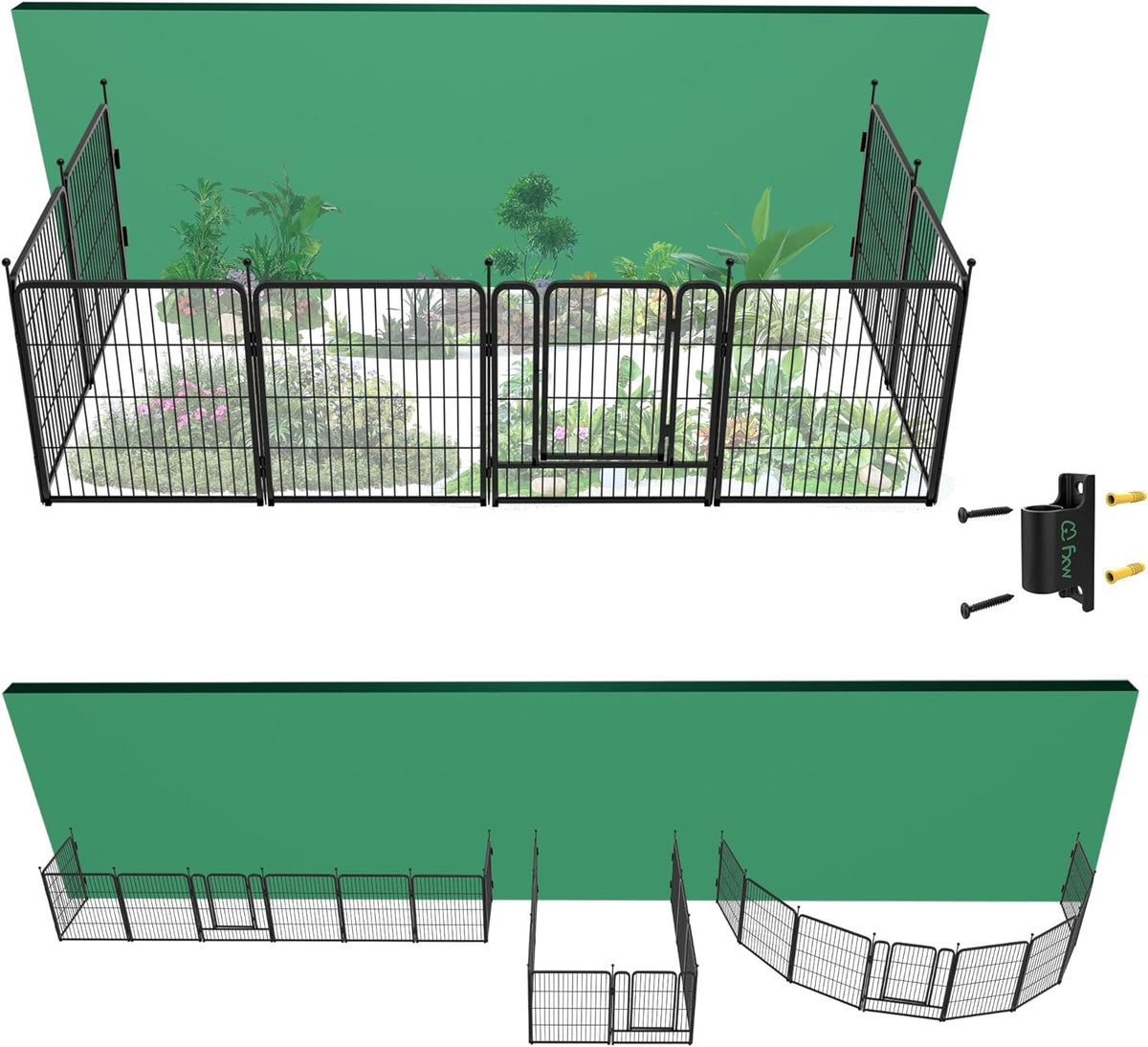 FXW Garden Fence Outdoor for The Yard – 32in(H) x 18.2ft(L) Heavy Duty Metal Animal Barrier for Dog and Rabbit, Decorative Dog Fence with Fence-to-Wall Anchor (Pack of 4), 8 Panels, Black