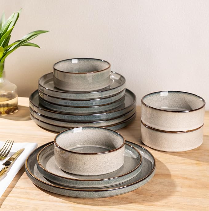 GBHOME Ceramic Dinnerware Sets for 6, 18 Pieces Stoneware Plates and Bowls Sets, Reactive Glaze Stackable Dish Set -Scratch Resistant, Dishwasher&Microwave Safe