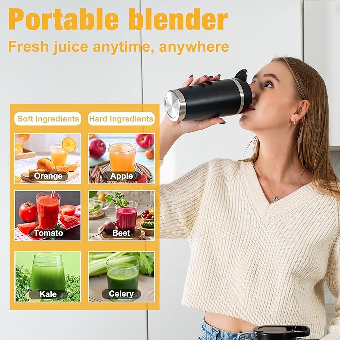 Portable Personal Blender 24oz Vacuum Cup Cordless Blender for 120 Watt Rechargeable Personal Size blender With Stainless Steel Bottle Ideal For-Shakes and Smoothies, BPA Free (Black）
