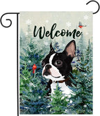 Welcome Winter Garden Flags Boston Terrier Garden Flag Cardinal Birds on Snowy Pine Tree Flag Dog Yard Flags for Outside 12x18 Double Sided Christmas Decorative Lawn Flags