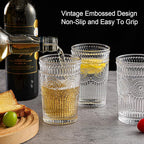 Vintage Glassware Drinking Glasses Set of 6,13 oz Clear Textured Flower Design Glass Water Tumblers，Embossed Striped Drinkware for Water,Cocktails,Juice,Iced Coffee