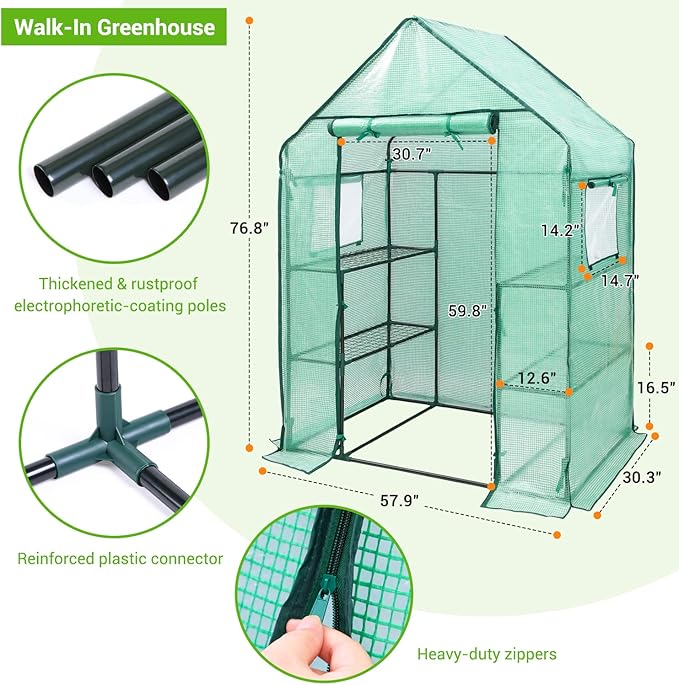 Ohuhu Greenhouse for Outdoors with Mesh Side Windows, 3 Tiers 4 Shelves Small Walk-In Green House Plant Stands Plastic PE Cover Outside Portable Warm House for Seedling Flowers Growing, 4.8x2.5x6.4 FT