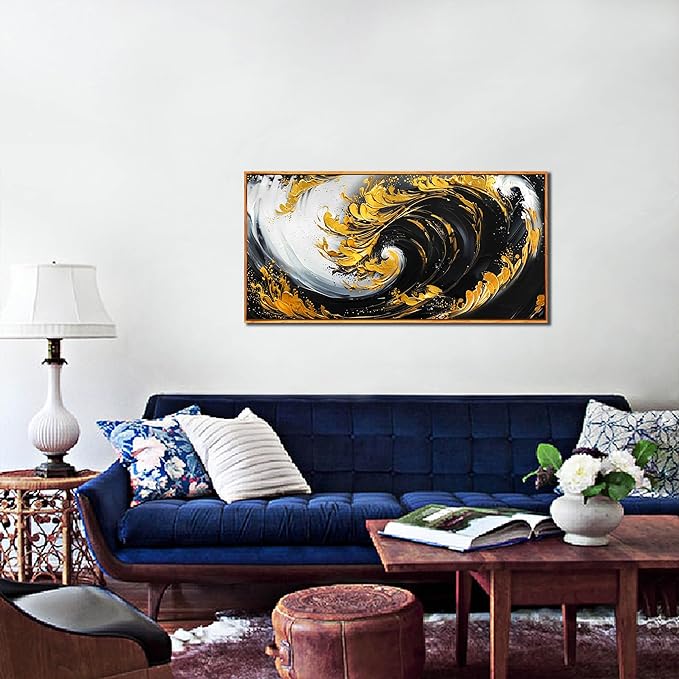 SIXTTART Abstract Black and White Wall Art for Living Room - Gold Modern Wall Art for Office - Framed Canvas Wall Art for Bedroom Size 20" x 40"