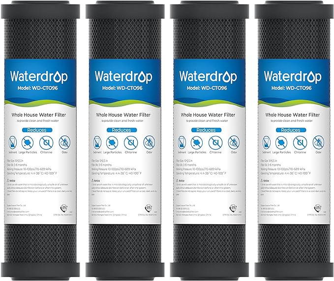 Waterdrop 2.5" x 10" Whole House CTO Carbon Water Filter Cartridge, 1 Micron Carbon Sediment Water Filter Replacement for DuPont® WFPFC8002, Culligan® D-10A, CBC-10, GE® FXWTC, GXWH20T, Pack of 4