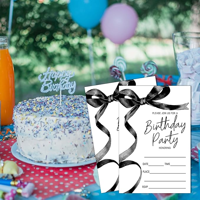 SIXEIGHT Black Bow Birthday Invitations, Black Ribbon Bow Birthday Party Invitations, 20 Party Invitations with Envelopes for Girls Boys, Birthday Party Favor & Decoration (4"x6")-A01