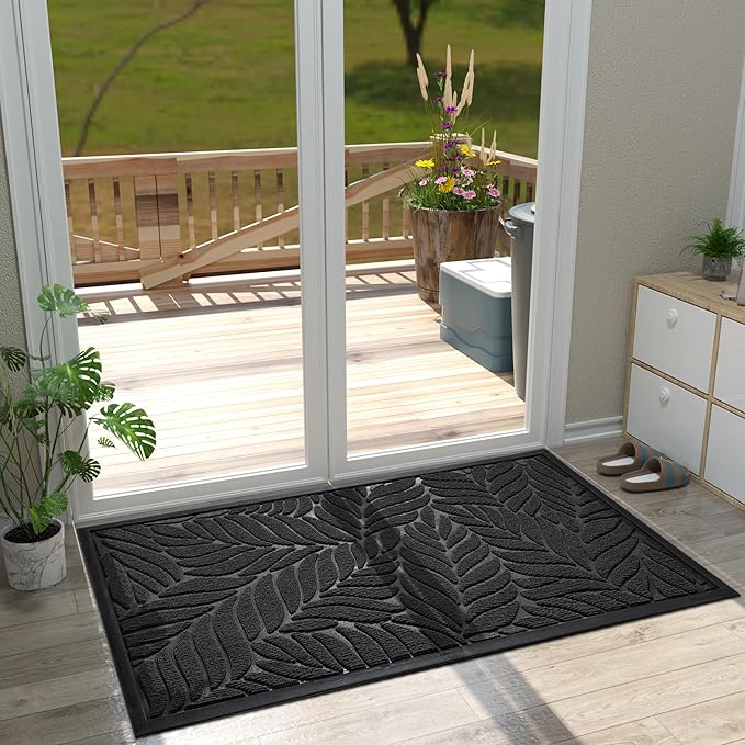 Yimobra Front Door Mat Outdoor Indoor, 47x32 All-Season Waterproof Welcome Mat, All-Weather Outside Entrance Mat, Non-Slip Patio Porch Doormat, Low Profile, Fade Resistant, Black