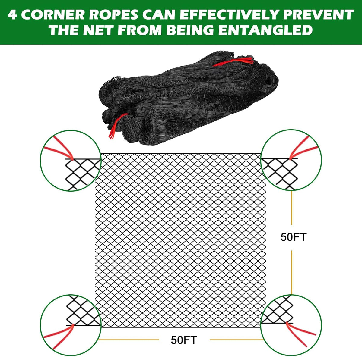 50'x50' with 2" Mesh Bird Netting for Chicken Coop with Bird Scare Tape, Hawk Nettings for Chicken Run, Heavy Duty Poultry Nettings Chicken Netting Roof Deer Net