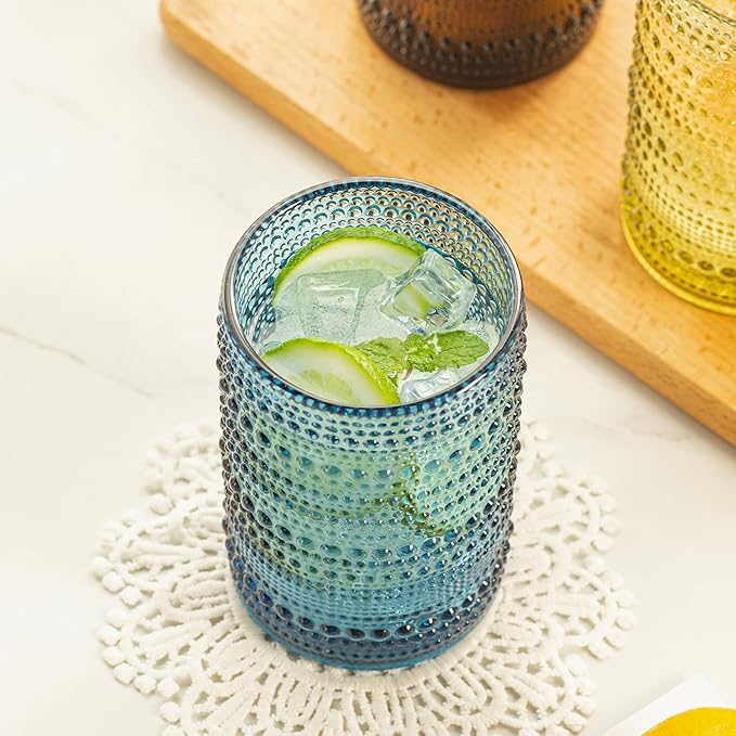 Vintage Glassware Set - 4pcs Multicolor 15.2oz Hobnail Drinking Glasses for Beer, Cocktail, Soda & Juice - Embossed Old Fashioned Glassware with Four Unique Colors