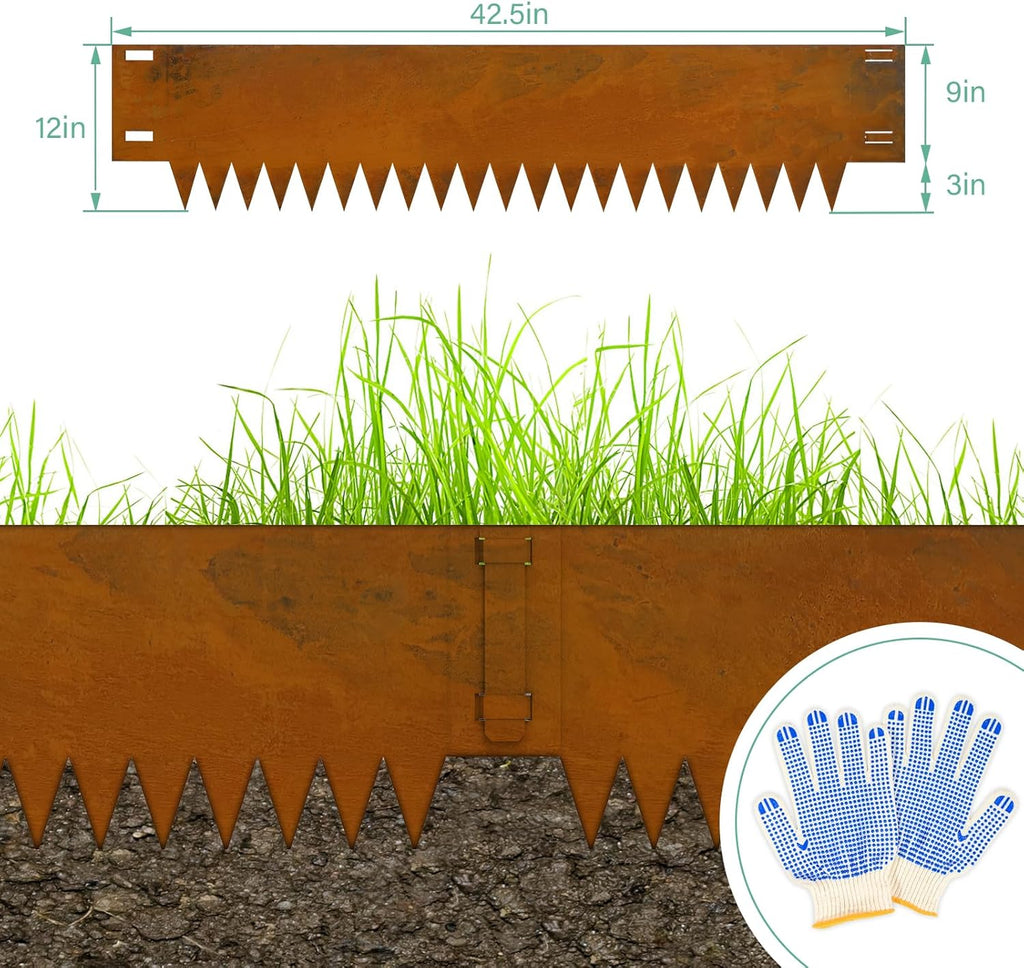 Co rten Steel Landscape Edging 12 Inch Tall 6 Packs, Pre-Rusted Metal Garden Edging, Hammer in Landscape Edging with 6 Clips and a Pair of Gloves, Steel Edging for Landscaping, Lawn Rusty