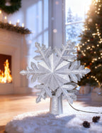 DG-Direct Christmas Tree Topper Lighted with Silver Snowflake Projector, Led Rotating Magic Snowflake, 3D Hollow Glitter Lighted Silver Snow Tree Topper for Christmas Tree Decorations
