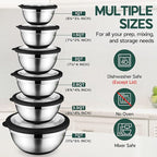 Mixing Bowls with Lids Set of 6 for Kitchen, Stainless Steel Metal Nesting Bowls with Non-Slip Bottom Black - Size 1, 1.5, 2, 2.6, 3.5, 7QT