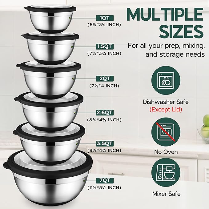 Mixing Bowls with Lids Set of 6 for Kitchen, Stainless Steel Metal Nesting Bowls with Non-Slip Bottom Black - Size 1, 1.5, 2, 2.6, 3.5, 7QT