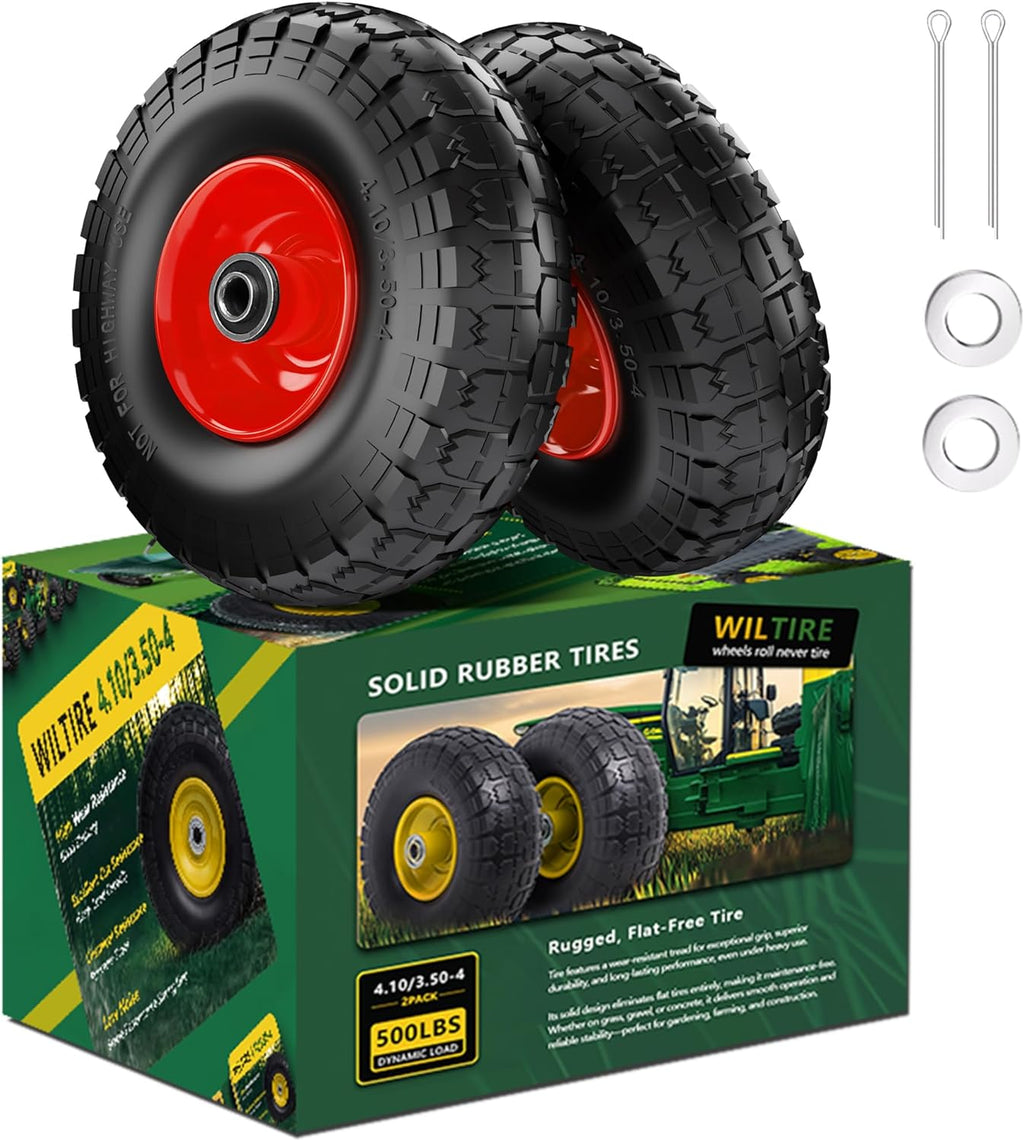 (2 Pack) 4.10/3.50-4 Flat Free Tire and Wheel 10-Inch Solid Wheel Replacement with 5/8 Bearings,2.2" Offset Hub -Compatible with Hand Truck,Wheelbarrow(Red)