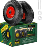 (2 Pack) 4.10/3.50-4 Flat Free Tire and Wheel 10-Inch Solid Wheel Replacement with 5/8 Bearings,2.2" Offset Hub -Compatible with Hand Truck,Wheelbarrow(Red)