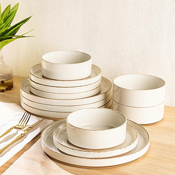 AmorArc Ceramic Dinnerware Sets for 6, 18 Pieces Handpainted Plates and Bowls Set with Rustic Terracotta Underside, Scratch Resistant Stoneware Dishes Set, Dishwasher & Microwave Safe